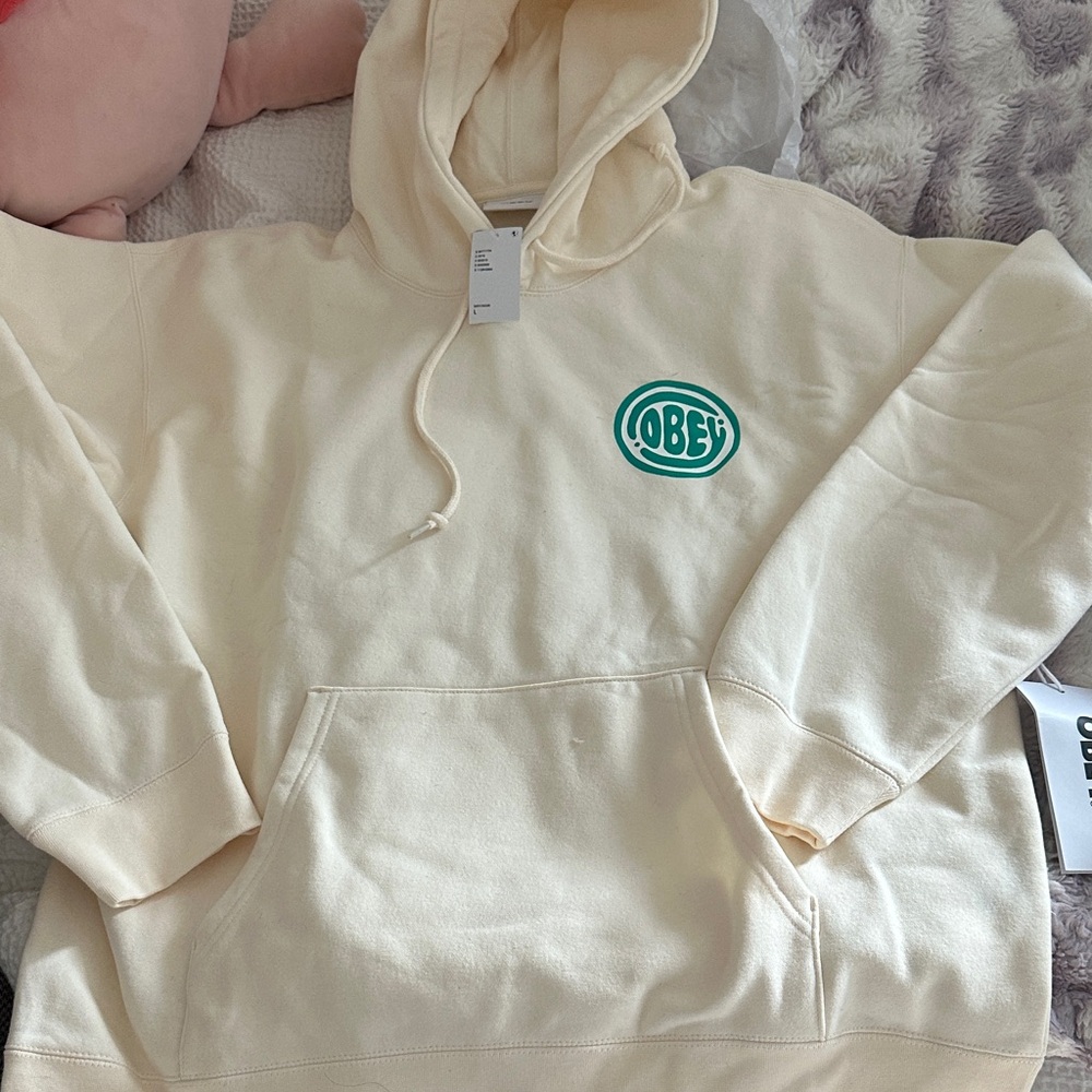 Obey Cream Hoodie with Green Logo